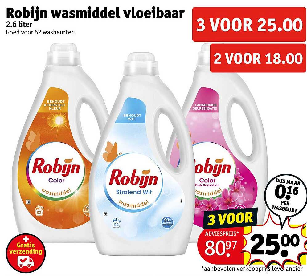 Robijn wasmiddel vloeibaar 2.6 liter 3 VOOR 25.00
