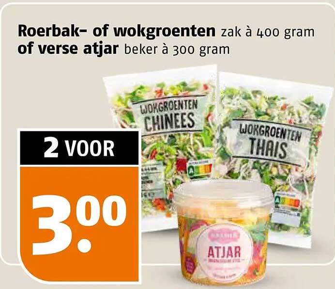 Roerbak- of wokgroenten zak à 400 gram of verse atjar beker à 300 gram 2 voor