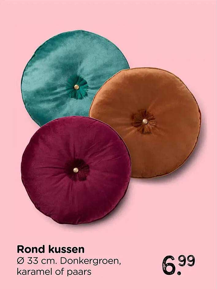 Rond kussen Ø 33 cm. Donkergroen, karamel of paars