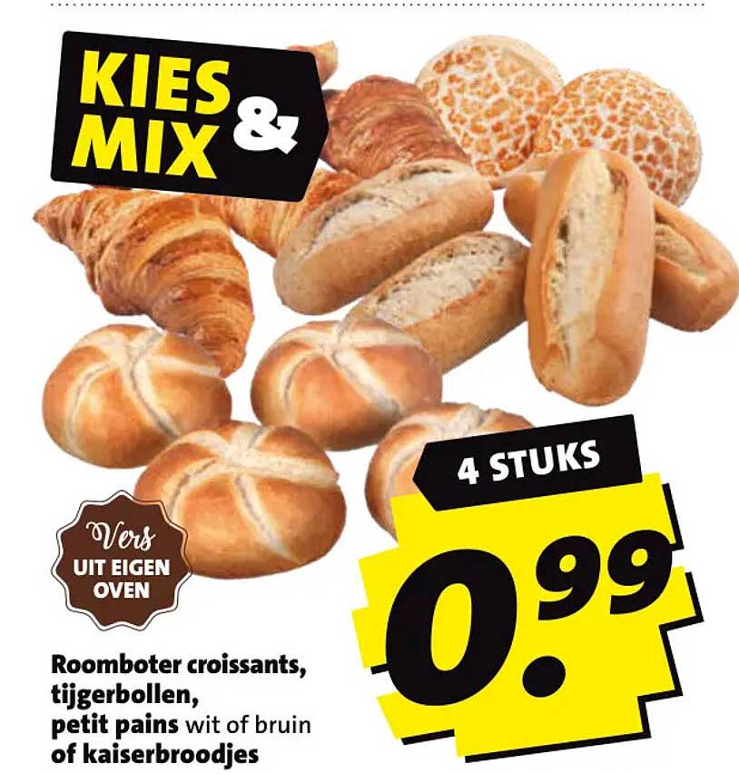 Roomboter croissants, tijgerbollen, petit pains wit of bruin of kaiserbroodjes 4 stuks