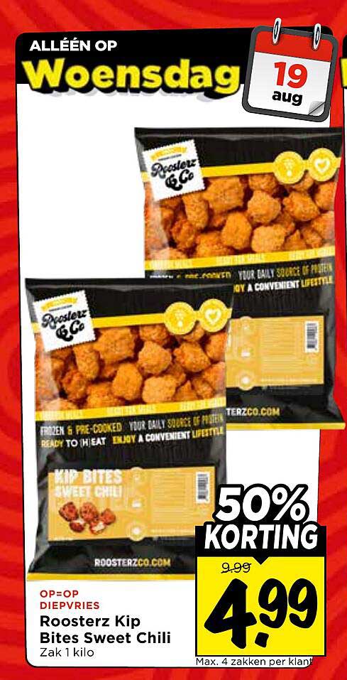 Roosterz Kip Bites Sweet Chili Zak 1 kilo 50% KORTING