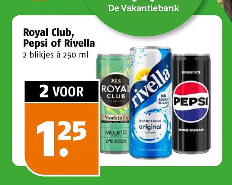 Royal Club, Pepsi of Rivella 2 blikjes à 250 ml 2 VOOR