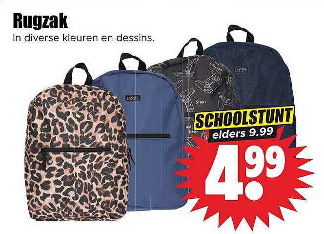 Rugzak In diverse kleuren en dessins. SCHOOLSTUNT elders 9.99