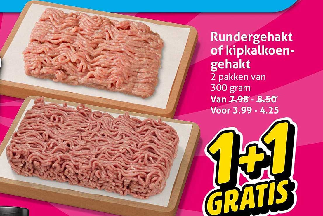 Rundergehakt of kipkalkoen-gehakt 2 pakken van 300 gram 1+1 GRATIS