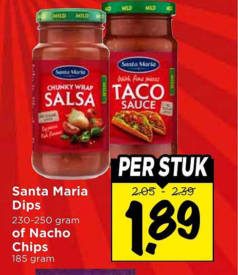 Santa Maria Dips 230-250 gram of Nacho Chips 185 gram PER STUK
