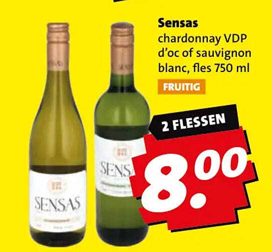 Sensas chardonnay VDP d’oc of sauvignon blanc, fles 750 ml FRUITIG 2 FLESSEN
