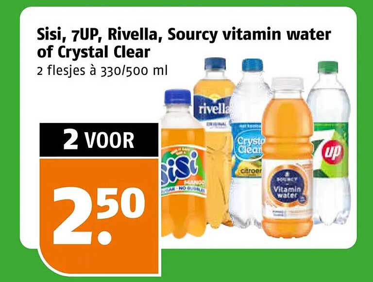 Sisi, 7UP, Rivella, Sourcy vitamin water of Crystal Clear 2 flesjes à 330/500 ml