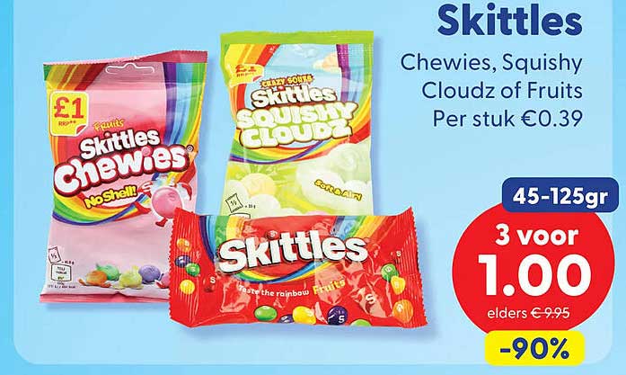 Skittles Chewies, Squishy Cloudz of Fruits Per stuk €0.39