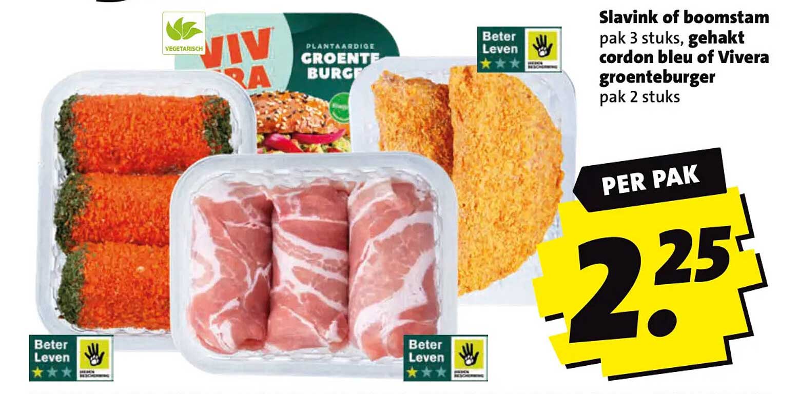 Slavink of boomstam pak 3 stuks, gehakt cordon bleu of Vivera groenteburger pak 2 stuks