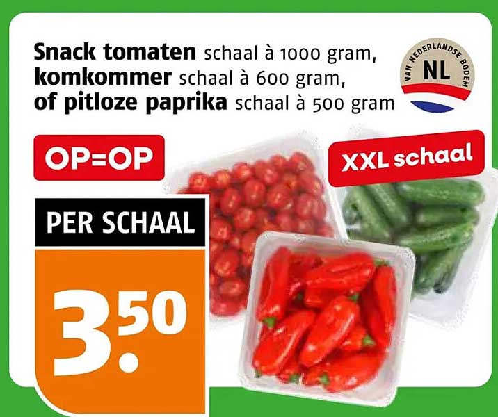 Snack tomaten, komkommer of pitloze paprika schaal à 500 gram