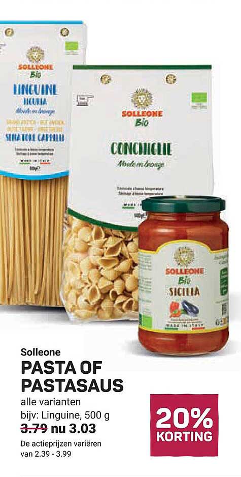 Solleone PASTA OF PASTASAUS alle varianten bijv: Linguine, 500 g 20% KORTING