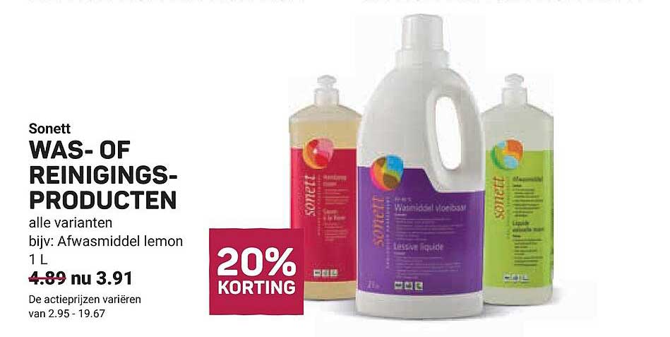Sonett WAS- OF REINIGINGSPRODUCTEN alle varianten bijv: Afwasmiddel lemon 1 L 20% KORTING