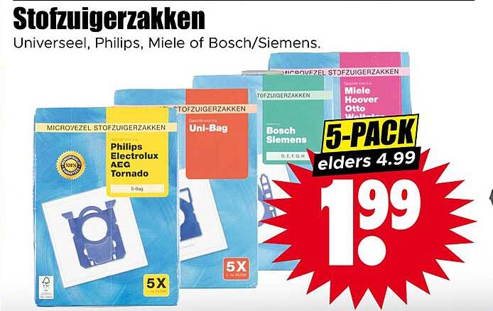 Stofzuigerzakken Universeel, Philips, Miele of Bosch/Siemens. 5-PACK elders 4.99