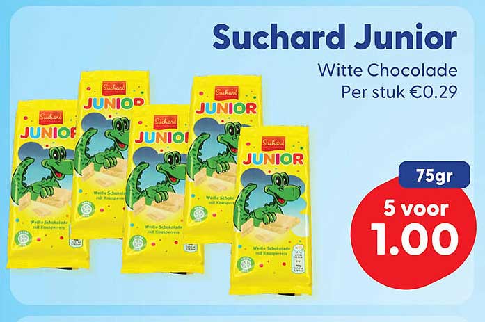 Suchard Junior Witte Chocolade Per stuk €0.29 75gr 5 voor 1.00