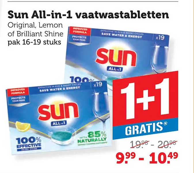 Sun All-in-1 vaatwastabletten Original, Lemon of Brilliant Shine pak 16-19 stuks 1+1 gratis