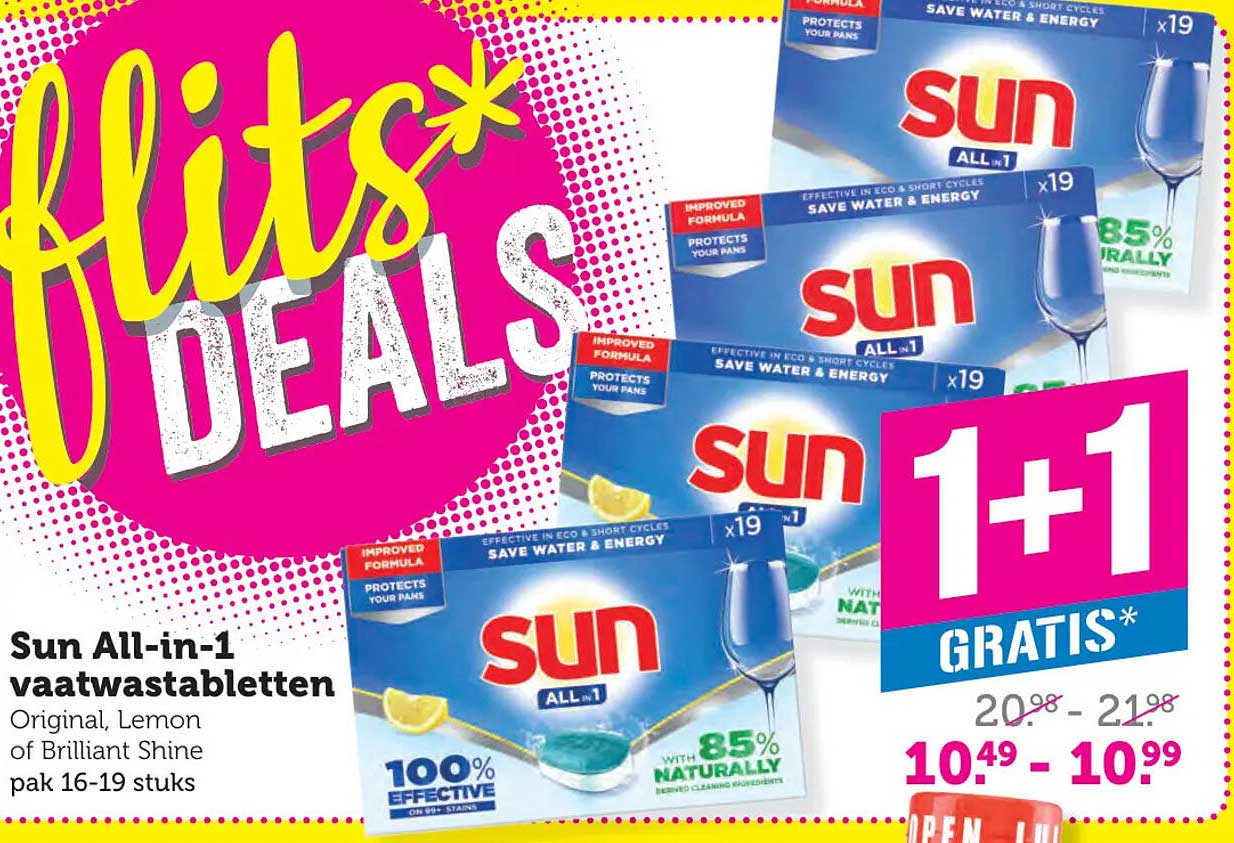 Sun All-in-1 vaatwastabletten Original, Lemon of Brilliant Shine pak 16-19 stuks 1+1 GRATIS