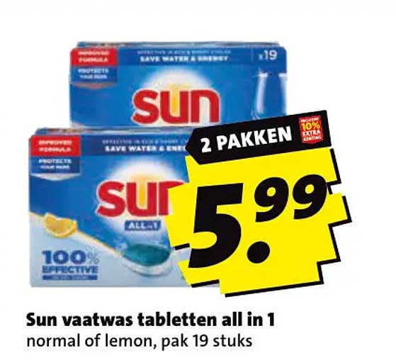 Sun vaatwas tabletten all in 1 normal of lemon, pak 19 stuks