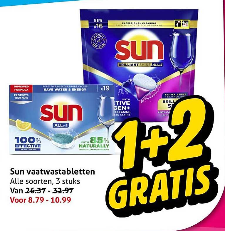 Sun vaatwastabletten Alle soorten, 3 stuks 1+2 GRATIS