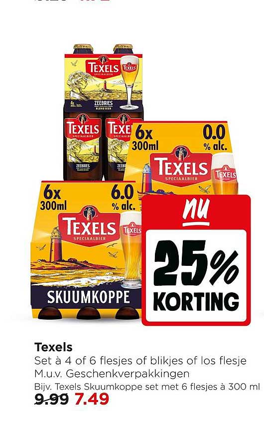 Texels Set à 4 of 6 flesjes of blikjes of los flesje M.u.v. Geschenkverpakkingen Bijv. Texels Skuumkoppe set met 6 flesjes à 300 ml 25% KORTING