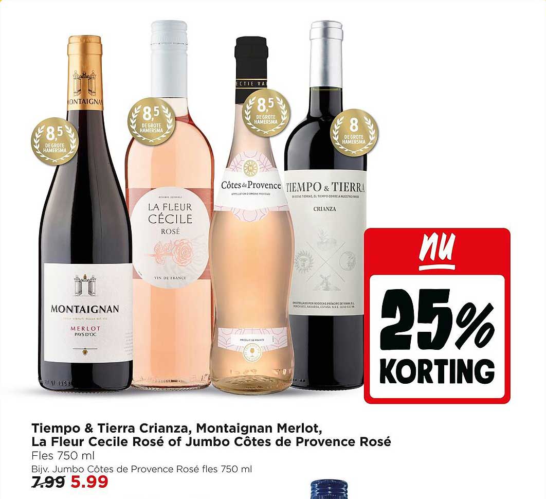 Tiempo & Tierra Crianza, Montaignan Merlot, La Fleur Cecile Rosé of Jumbo Côtes de Provence Rosé 25% KORTING
