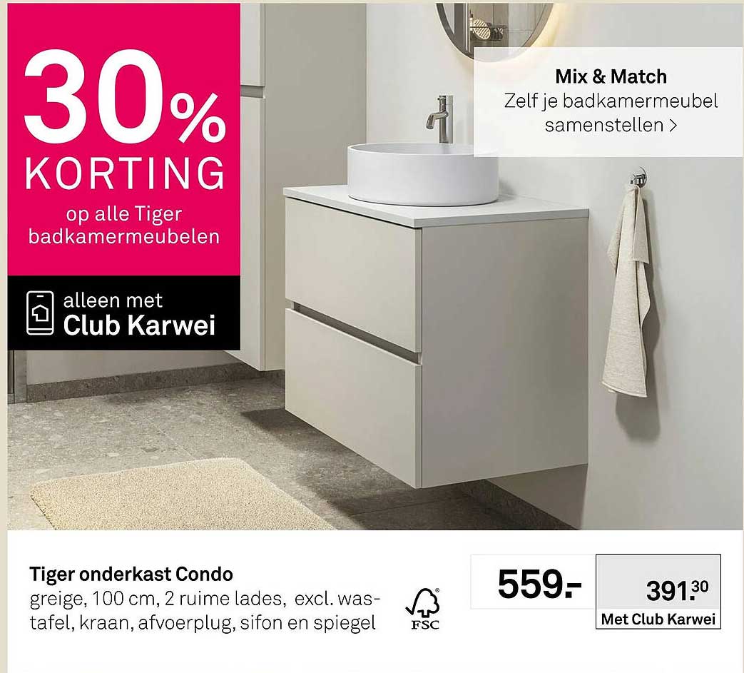 Tiger onderkast Condo greige, 100 cm, 2 ruime lades, excl. wastafel, kraan, afvoerplug, sifon en spiegel