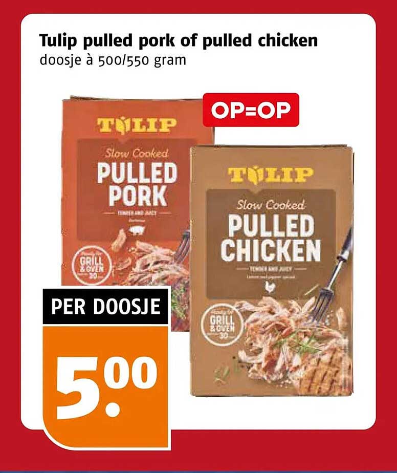 Tulip pulled pork of pulled chicken doosje à 500/550 gram OP=OP