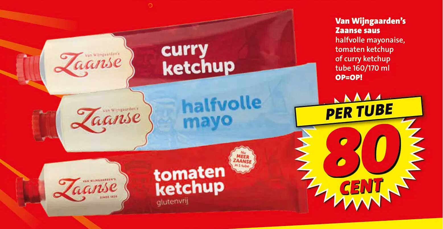 Van Wijngaarden’s Zaanse saus halfvolle mayonaise, tomaten ketchup of curry ketchup tube 160/170 ml OP=OP! PER TUBE