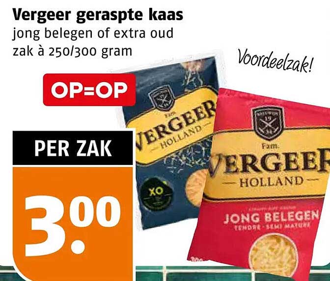 Vergeer geraspte kaas jong belegen of extra oud zak à 250/300 gram OPOp