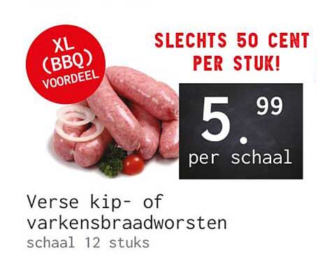 Verse kip- of varkensbraadworsten schaal 12 stuks XL (BBQ) VOORDEEL