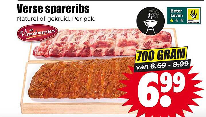 Verse spareribs Naturel of gekruid. Per pak. 700 gram