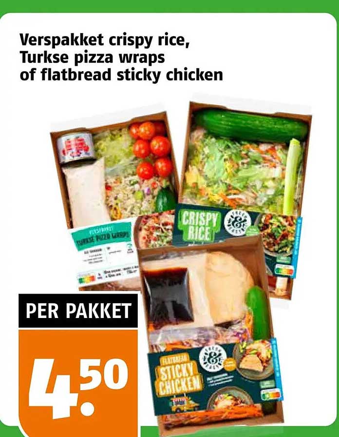 Verspakket crispy rice, Turkse pizza wraps of flatbread sticky chicken