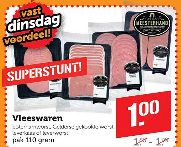 Vleeswaren boterhamworst, Gelderse gekookte worst, leverkaas of leverworst pak 110 gram SUPERSTUNT!
