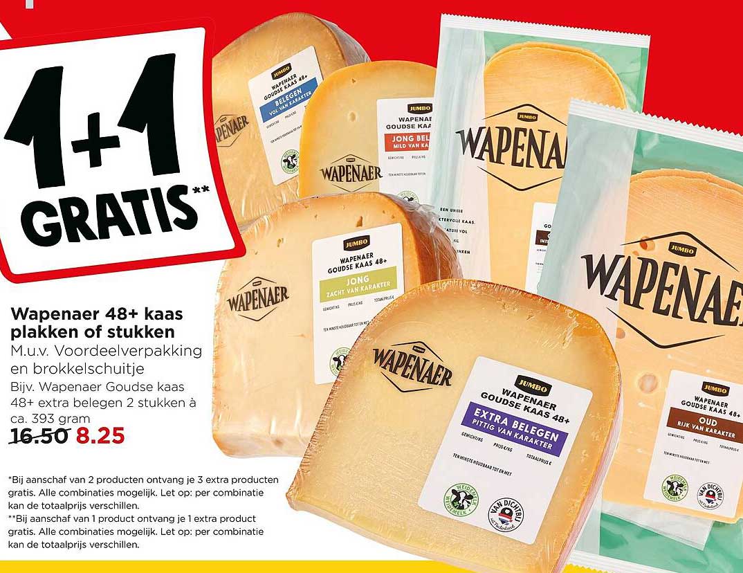 Wapenaer 48+ kaas plakken of stukken 1+1 GRATIS**