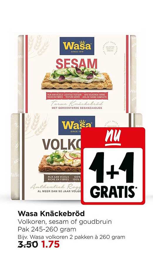 Wasa Knäckebröd Volkoren, sesam of goudbruin Pak 245-260 gram 1+1 GRATIS