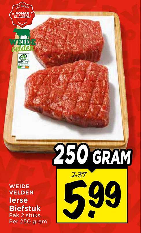 WEIDE VELDEN Ierse Biefstuk Pak 2 stuks. Per 250 gram