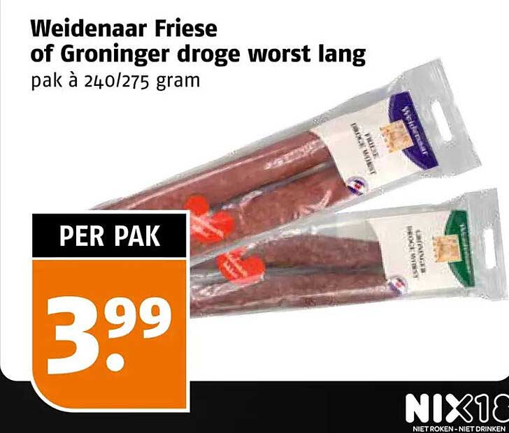 Weidenaar Friese of Groninger droge worst lang pak à 240/275 gram