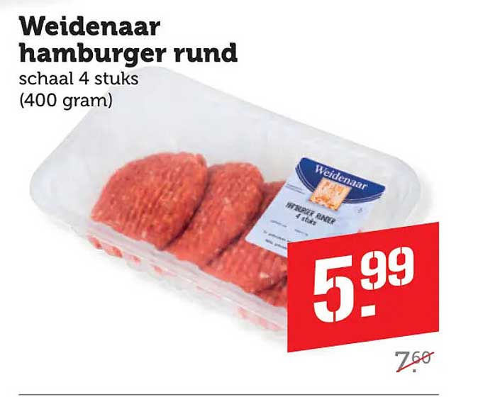 Weidenaar hamburger rund schaal 4 stuks (400 gram)