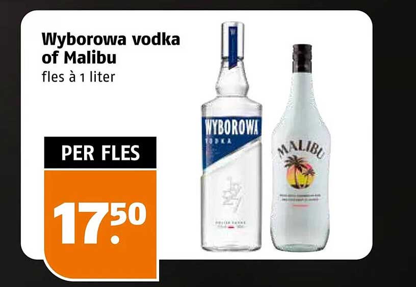 Wyborowa vodka of Malibu fles à 1 liter