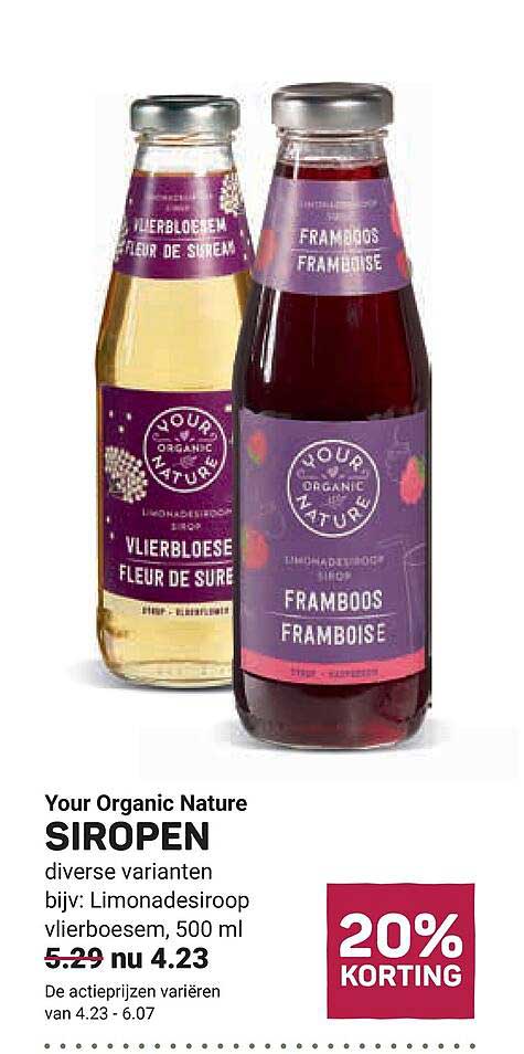 Your Organic Nature SIOROPEN diverse varianten bijv: Limonadesiroop vlierboesem, 500 ml 20% KORTING