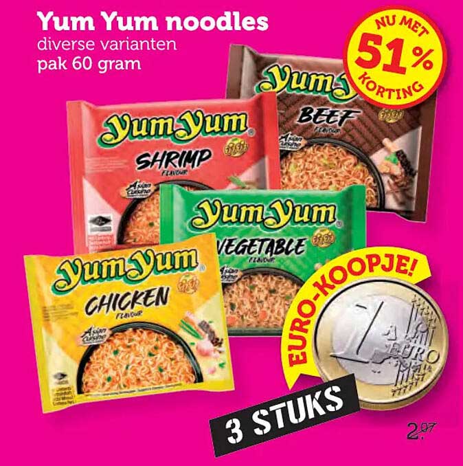 Yum Yum noodles diverse varianten pak 60 gram 3 stuks euro-koopje!