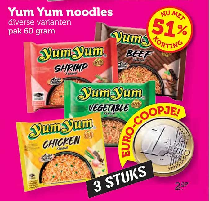 Yum Yum noodles diverse varianten pak 60 gram 3 STUKS NU MET 51% KORTING