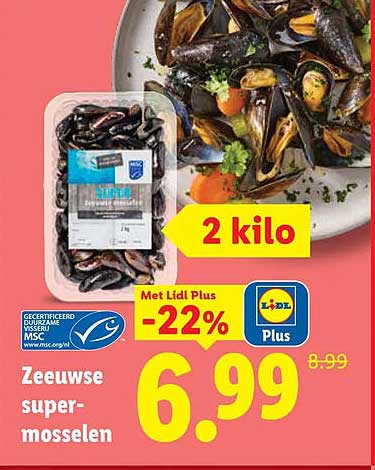 Zeeuwse supermosselen 2 kilo Met Lidl Plus -22%