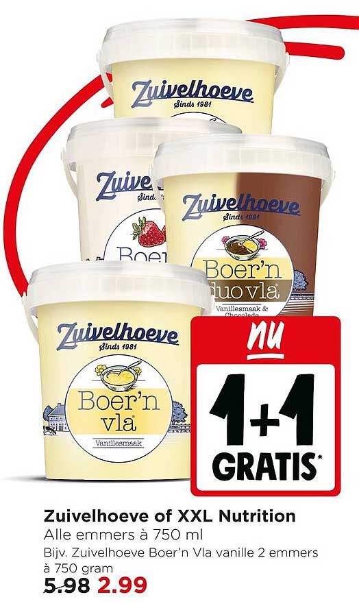 Zuivelhoeve of XXL Nutrition Alle emmers à 750 ml 1+1 GRATIS