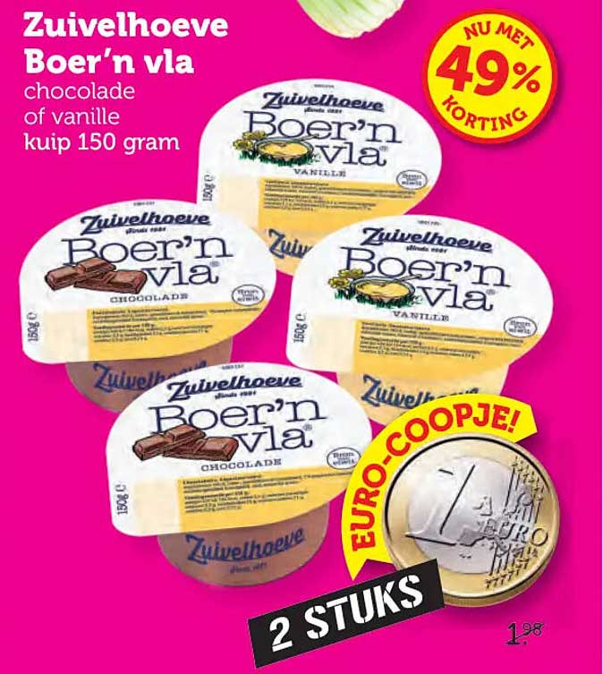 Zuverhoeve Boer’n vla chocolade of vanille kuip 150 gram EURO-COOPJE! 2 STUKS