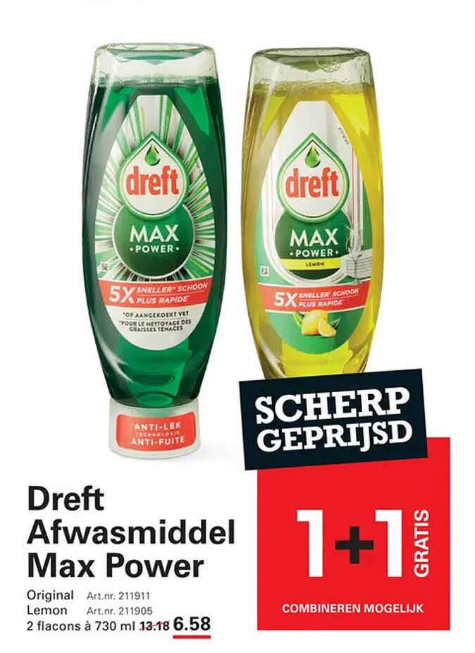 Dreft Afwasmiddel Max Power 1+1 Gratis