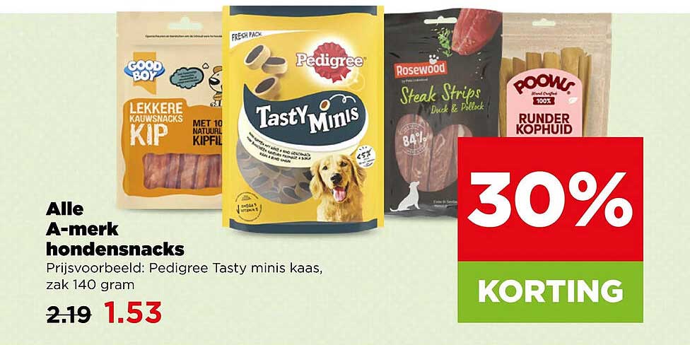 Alle A-merk hondensnacks 30% korting
