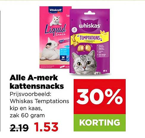 Alle A-merk kattensnacks 30% KORTING