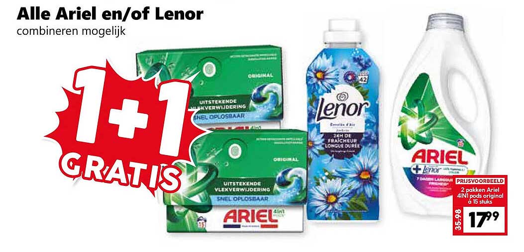 Alle Ariel en/of Lenor combineren mogelijk 1+1 GRATIS
