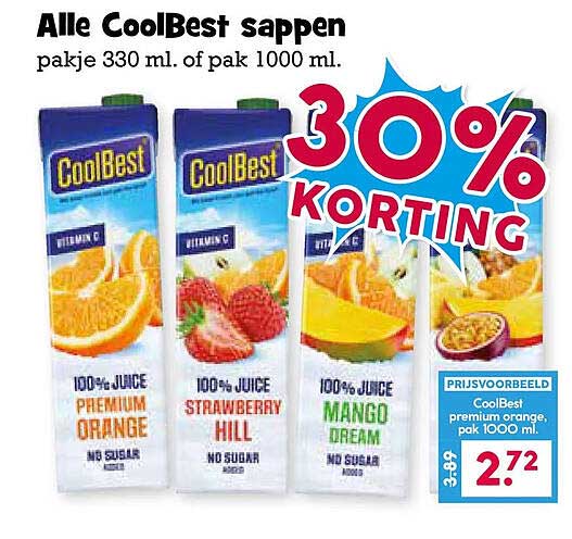 Alle CoolBest sappen pakje 330 ml. of pak 1000 ml. 30% KORTING