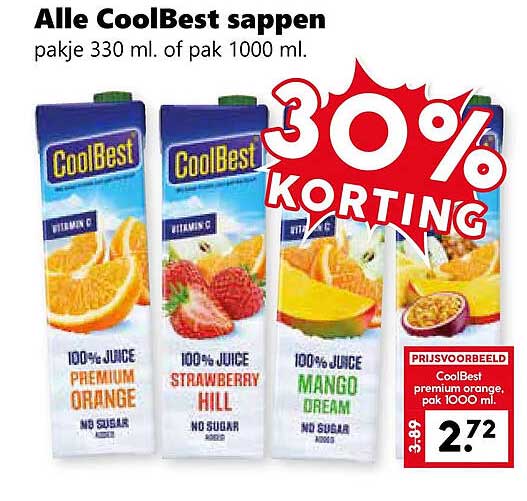 Alle CoolBest sappen pakje 330 ml. of pak 1000 ml. 30% korting